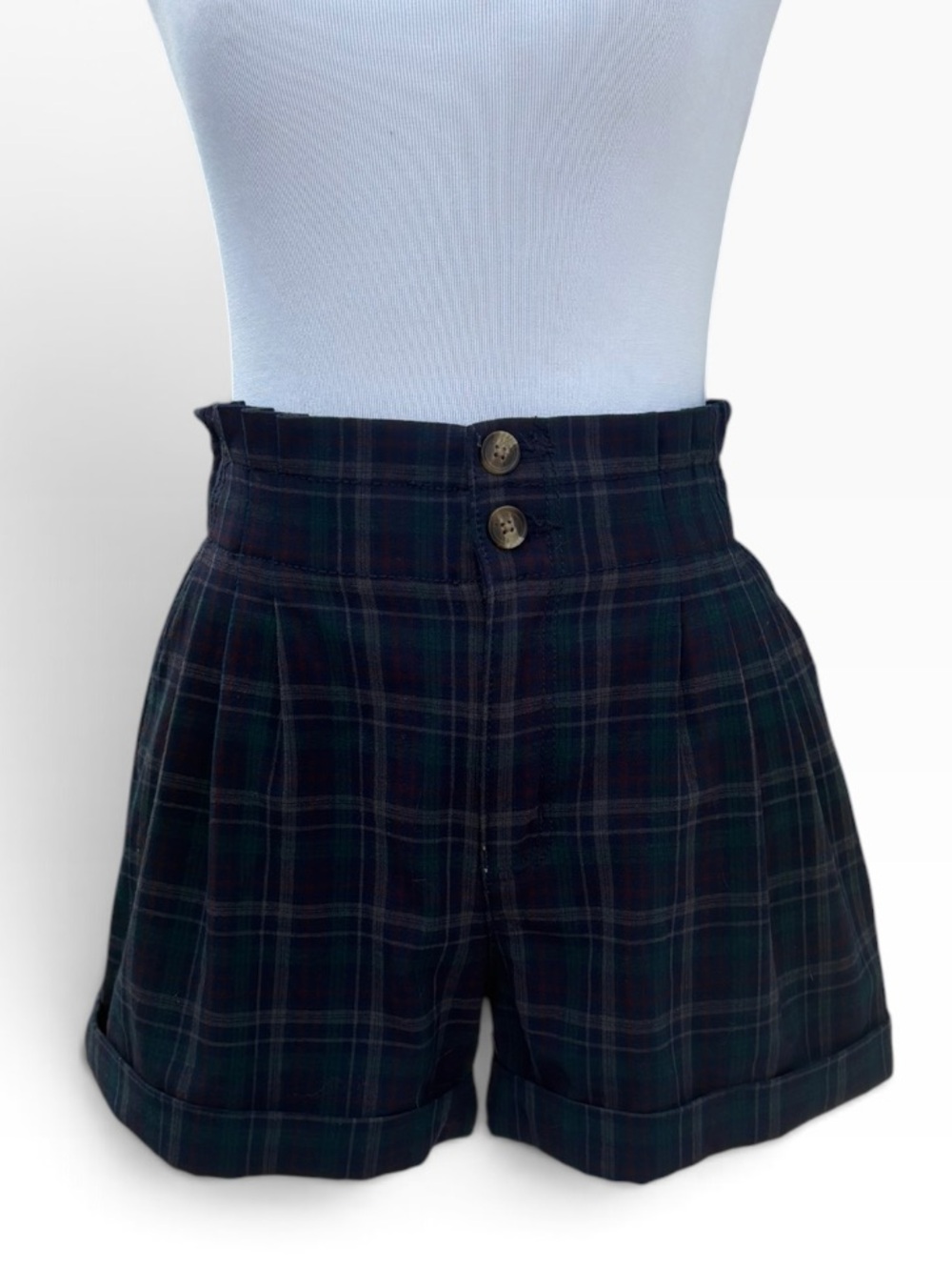 American Eagle Outfitters High-Waist Plaid Shorts - Navy & Dark Green
